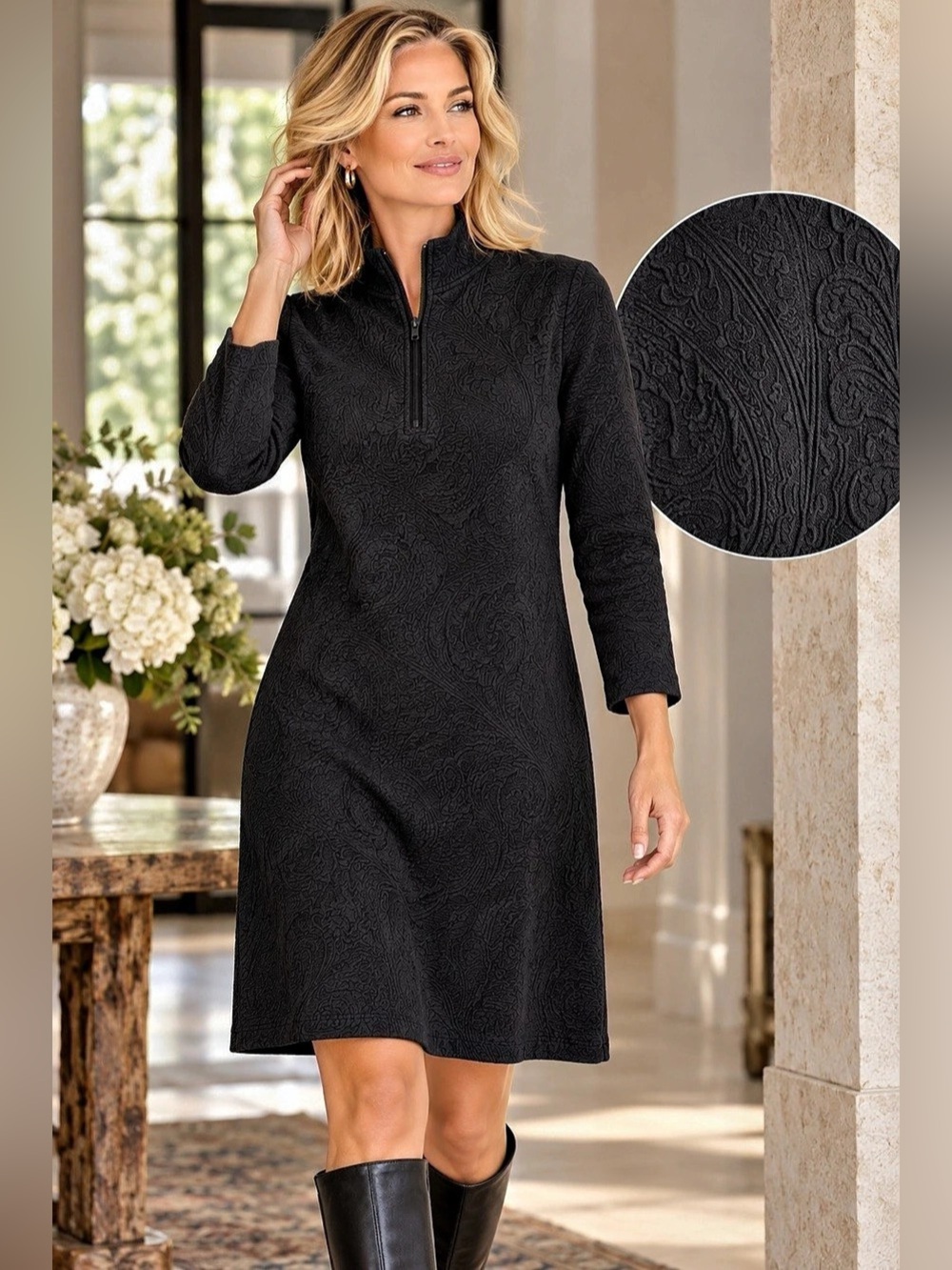 J. McLaughlin Black Paisley Jacquard Qtr Zip Long Sleeve Shift Dress L Academia